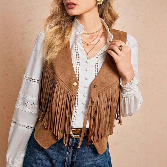 Women's Solid Color Suede Casual Retro Fringe Decorated Front Metal Button Vest Jacket