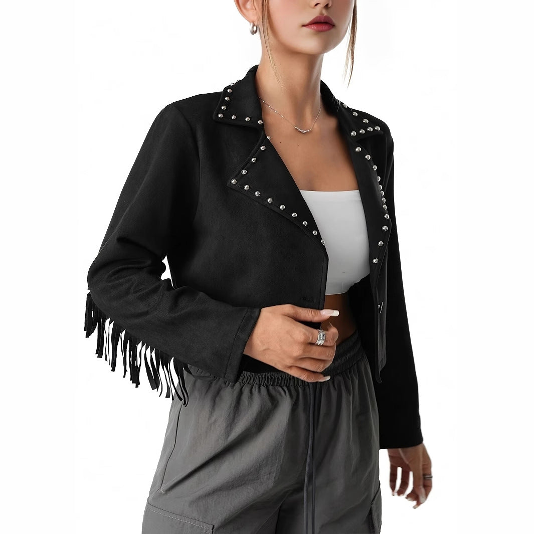 Suede Fringe Women's Short Jacket with Metal Studs Design