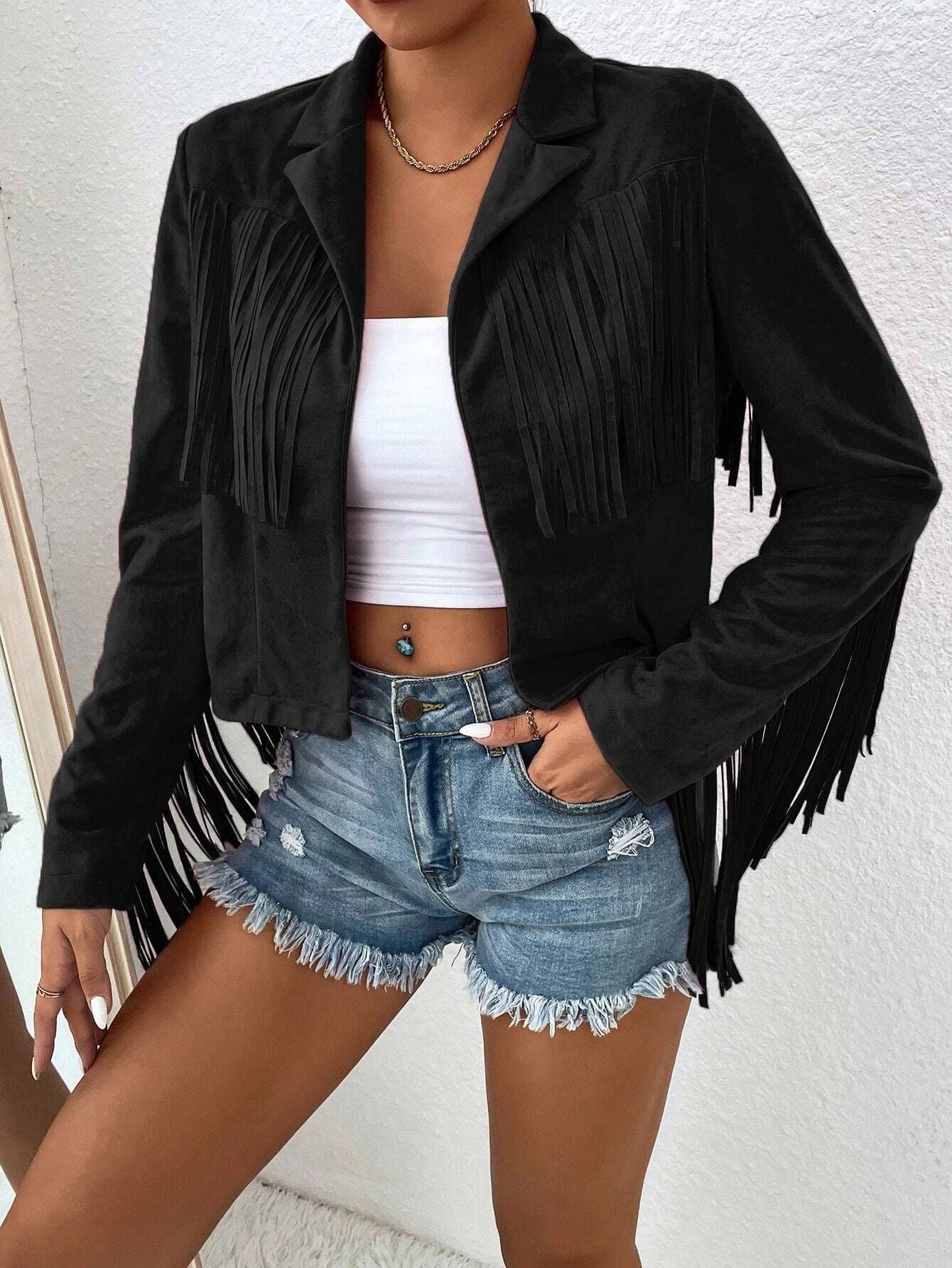 Women's Autumn and Winter New Slim Printed Tassel Long Sleeve Jacket Warm