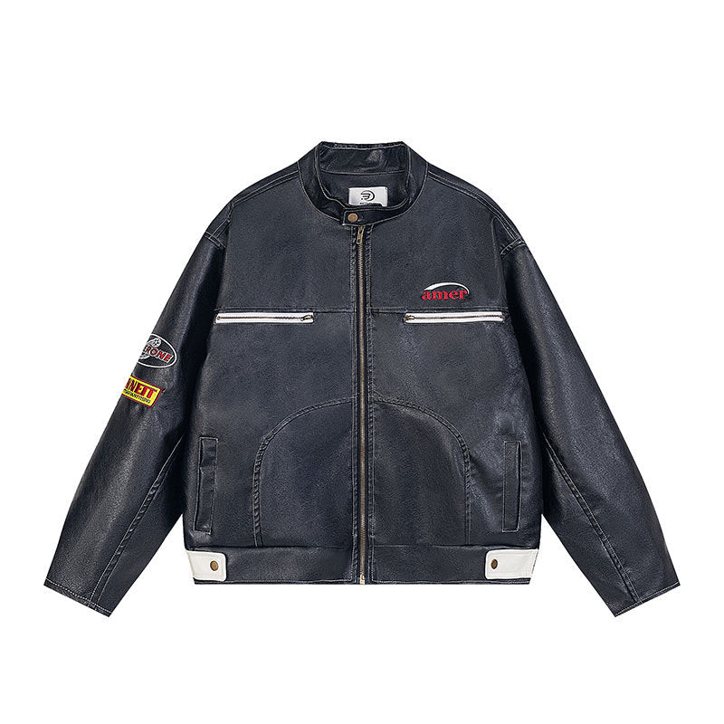 Red and white contrasting embroidered leather jacket with stand up collar