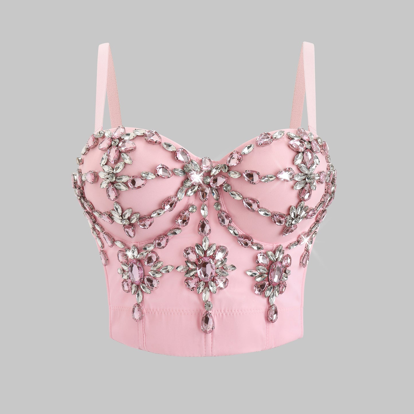 Worn Outside Pink Rhinestone Embroidery Heavy Work Bustier Sexy Fitted Strapless