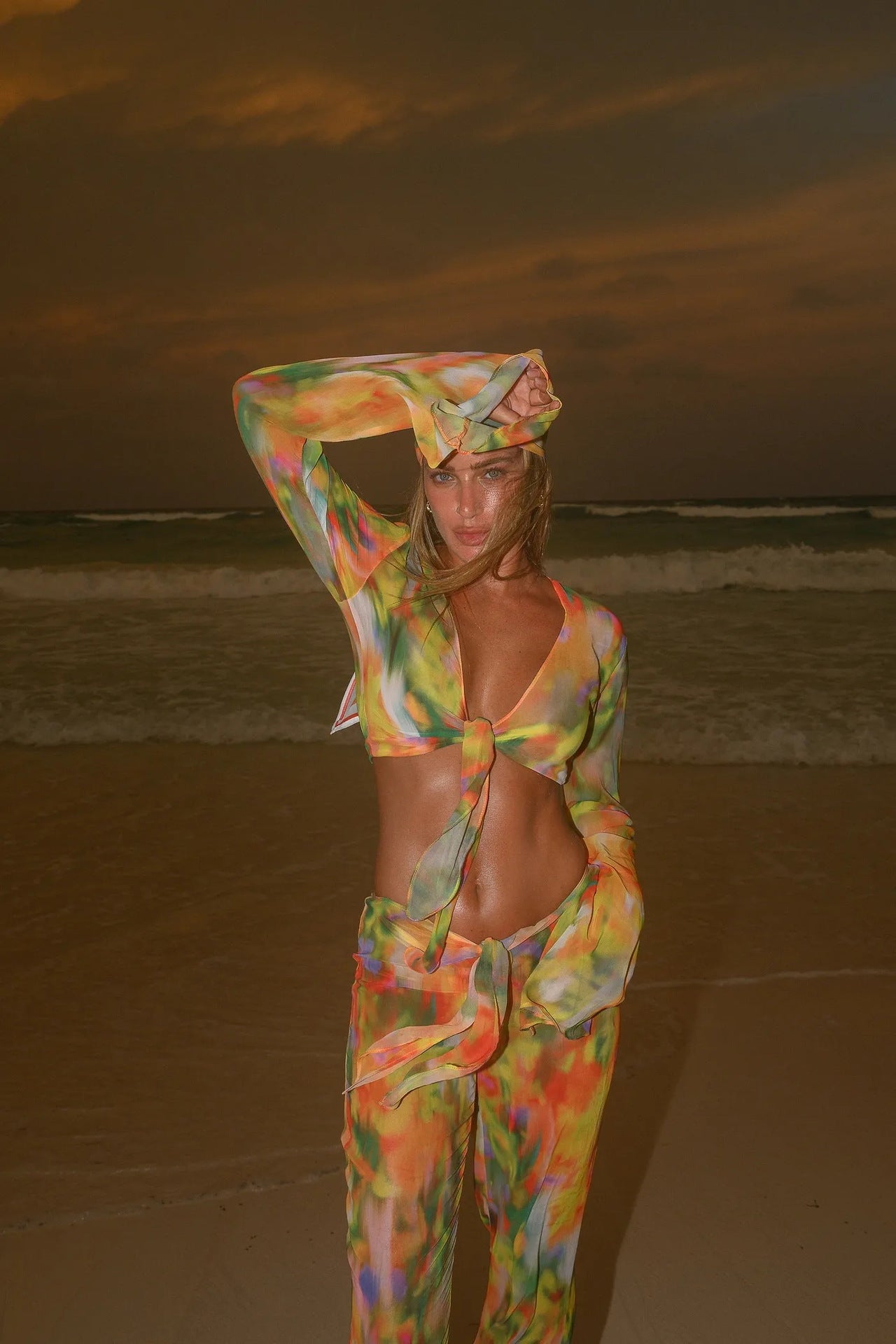 European and American Style Printed Striped Tie-Dye Belted Chiffon Beach Pants Set