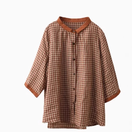 Retro Color Woven Plaid Hemp Shirt with Contrast Collar and Single-Breasted Buttons