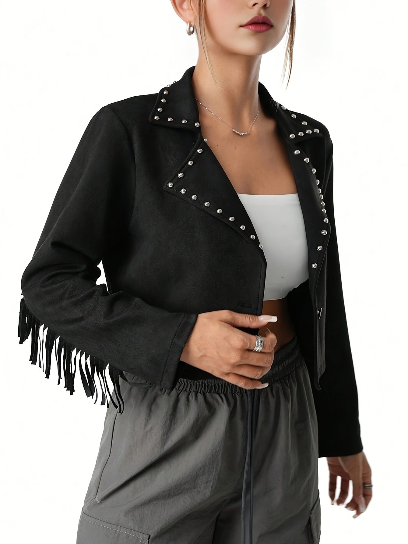Suede Fringe Women's Short Jacket with Metal Studs Design