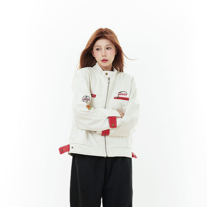 Red and white contrasting embroidered leather jacket with stand up collar
