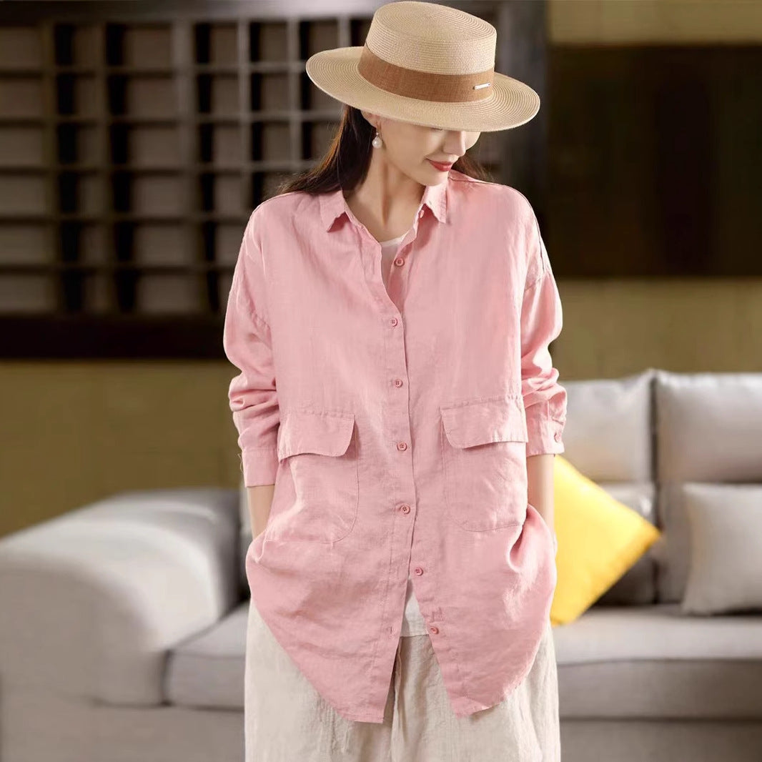 Linen Shirt Women Vintage Sand-Washed Mid-Length Large Pocket Loose Cardigan Outerwear Top