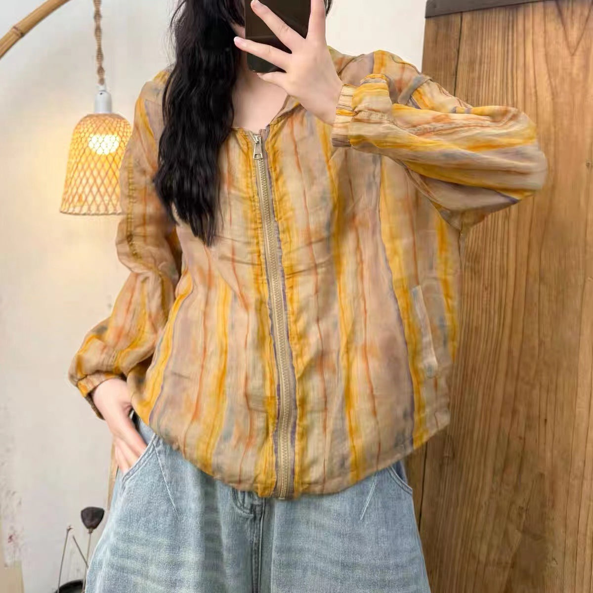 All-Match Digital Print Design Zipper Hooded Ramie Sunscreen Jacket Women