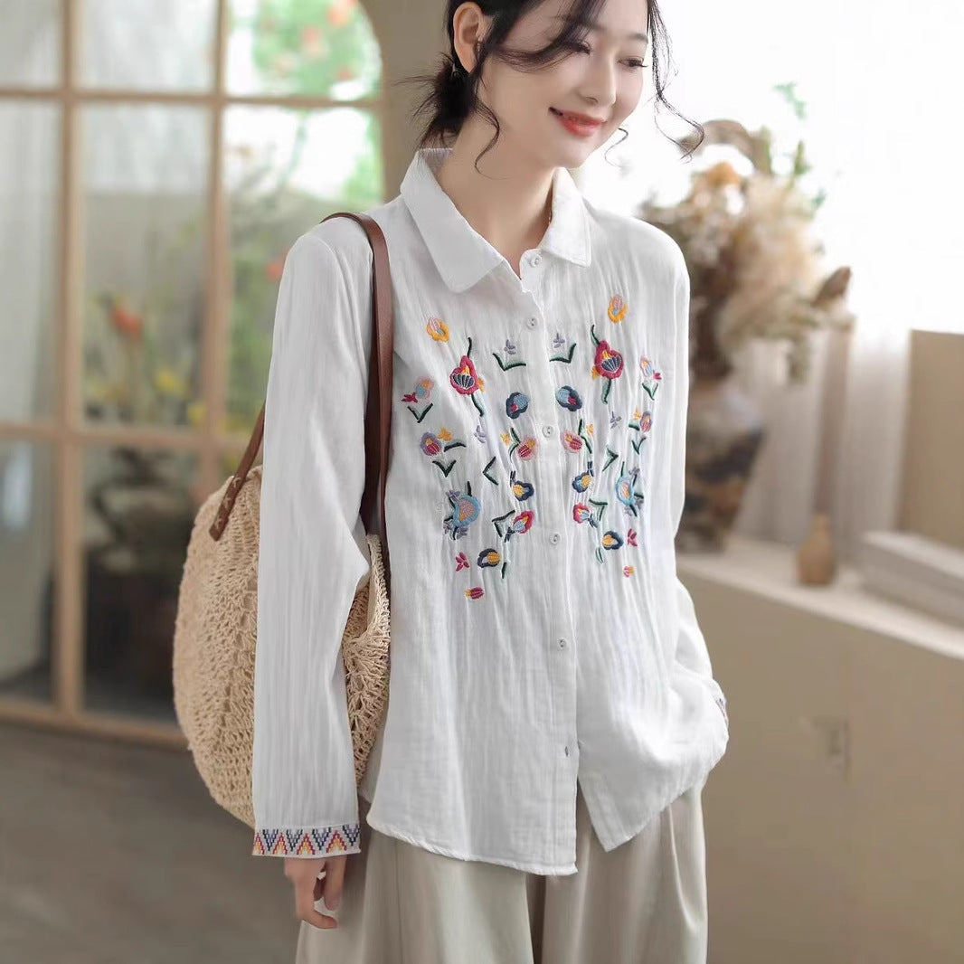 New Women's White Spring Casual Embroidered Simple Long Sleeve Turn-Down Collar Double Layer Cotton Gauze Blouse
