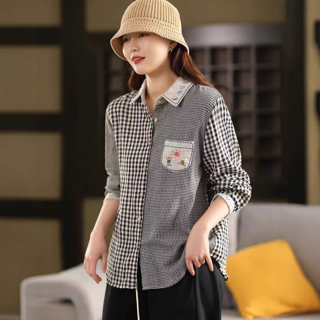 Vintage Cotton Shirt with Embroidery and Double Layer Design, Literary Plaid Striped Long Sleeve Top