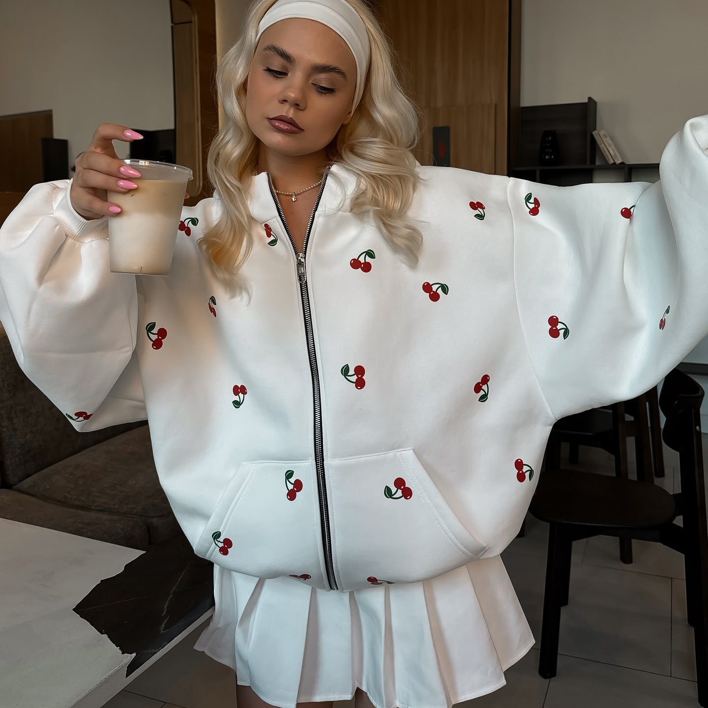 Cherry Print Hooded Hoodie