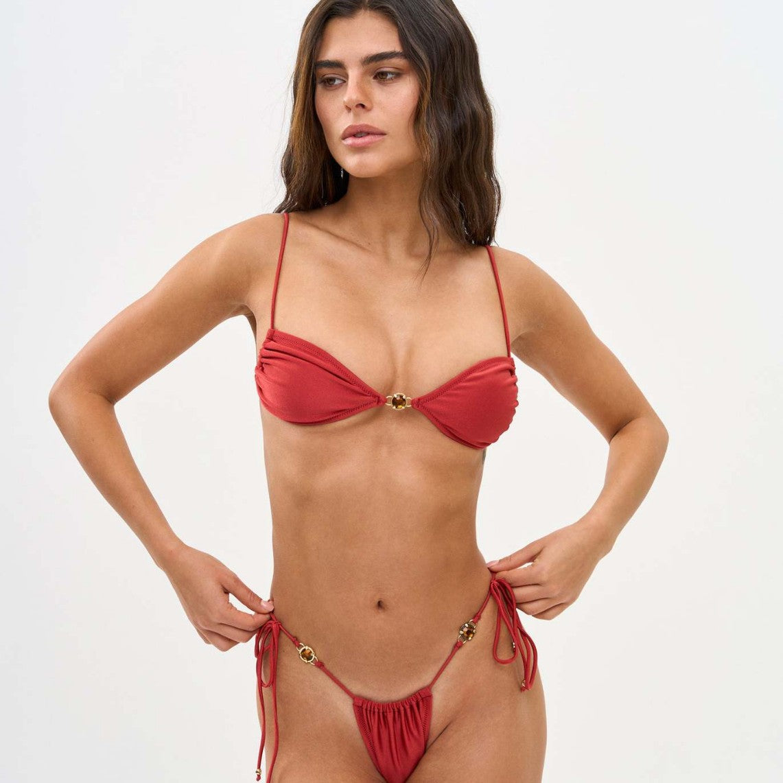Sexy Backless Tied Bikini Women's Nylon Solid Color Diamond-Embedded Separated Swimsuit