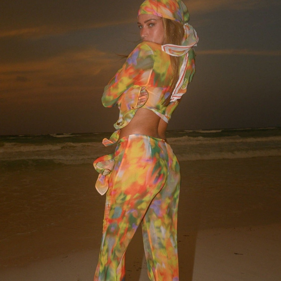 European and American Style Printed Striped Tie-Dye Belted Chiffon Beach Pants Set