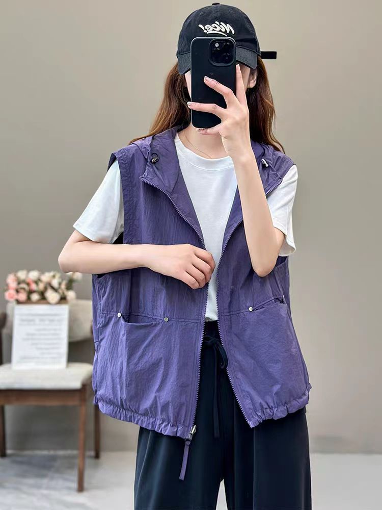 Spring and Summer Lightweight Breathable Outdoor Sports Casual Two-Way Wear Hooded Vest for Women Fashion Versatile Waistcoat Outerwear