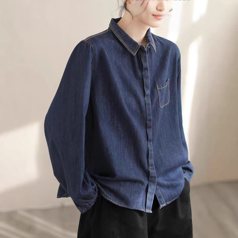 Spring New Denim Shirt Fashion Solid Color Denim Cotton Turn-down Collar High-end Women's Cardigan
