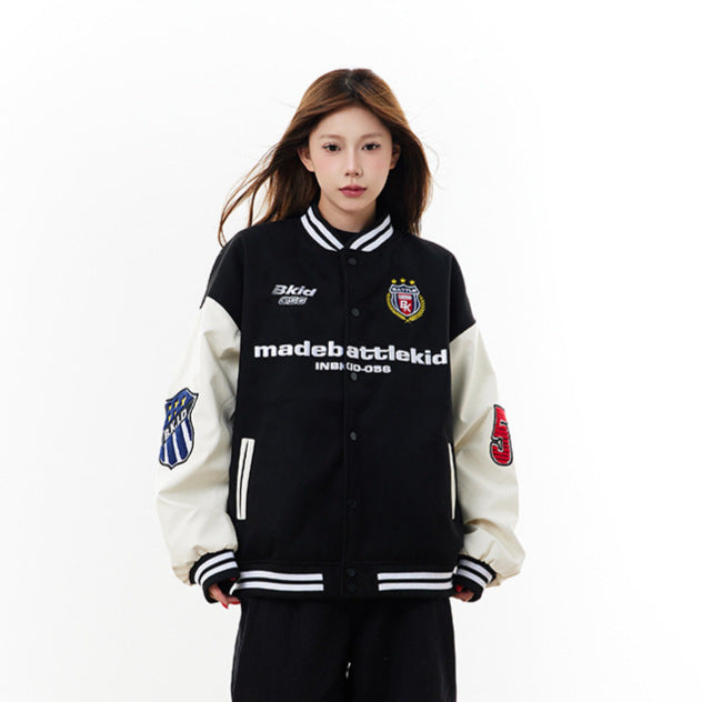 Alphabet PU leather patchwork contrasting baseball jersey