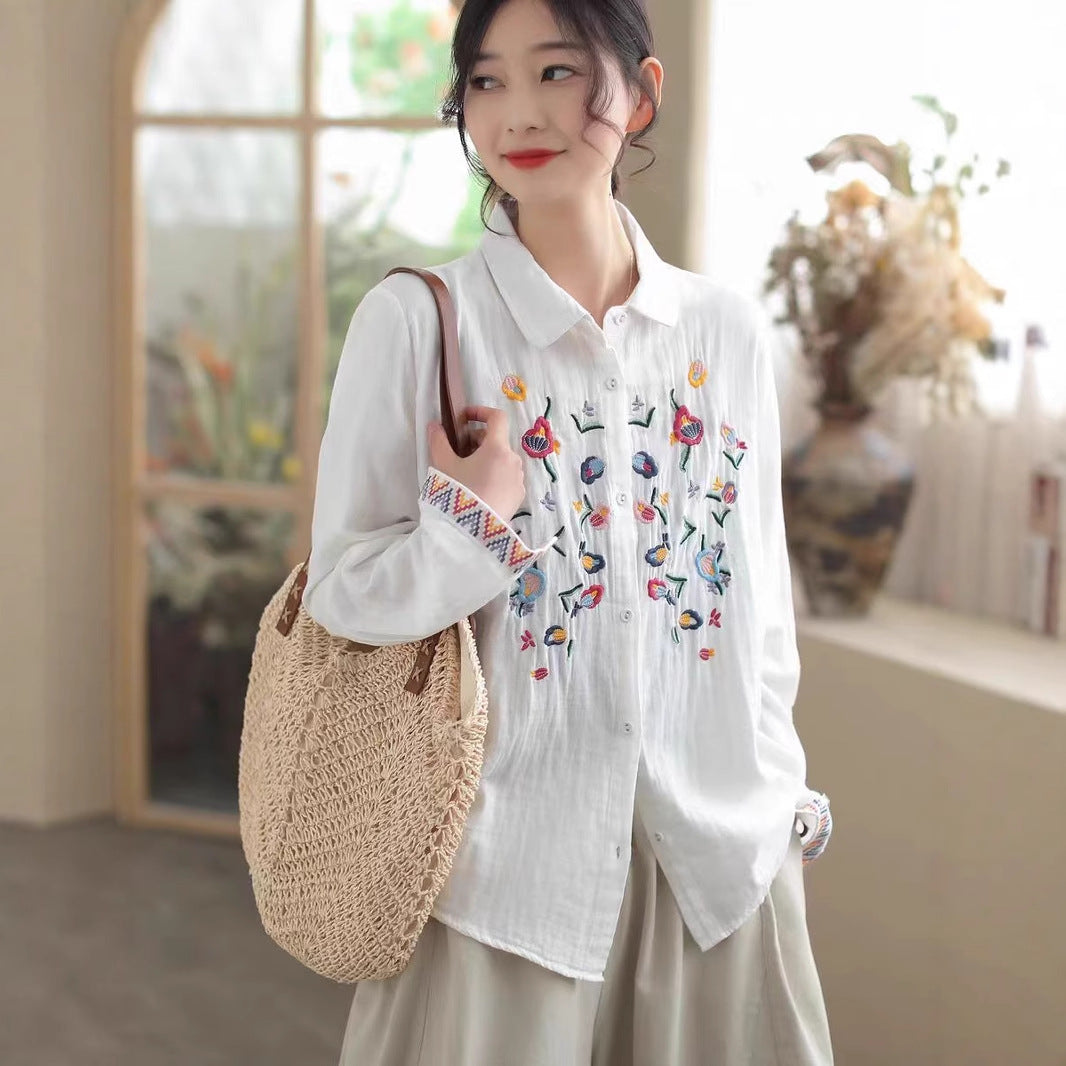 New Women's White Spring Casual Embroidered Simple Long Sleeve Turn-Down Collar Double Layer Cotton Gauze Blouse