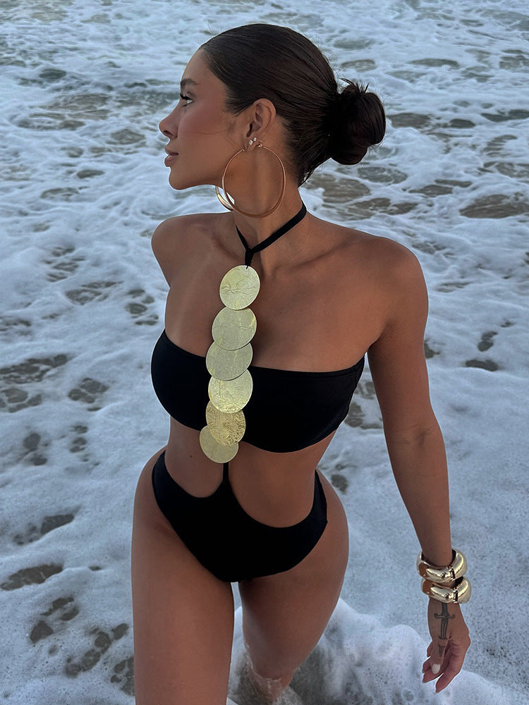 Cross-border Sexy Beach Swimsuit Accessories One-piece Swimsuit Halter Solid Color