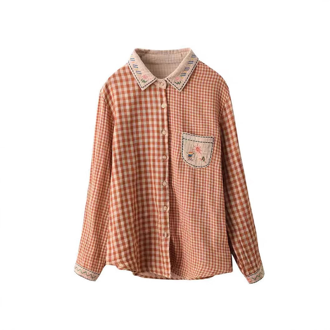 Vintage Cotton Shirt with Embroidery and Double Layer Design, Literary Plaid Striped Long Sleeve Top