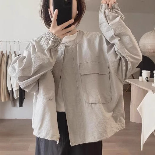 Round Neck Shirt Women's Spring Autumn New Loose Slimming Korean Version Simple Unique Design Age-Reducing Pocket Top