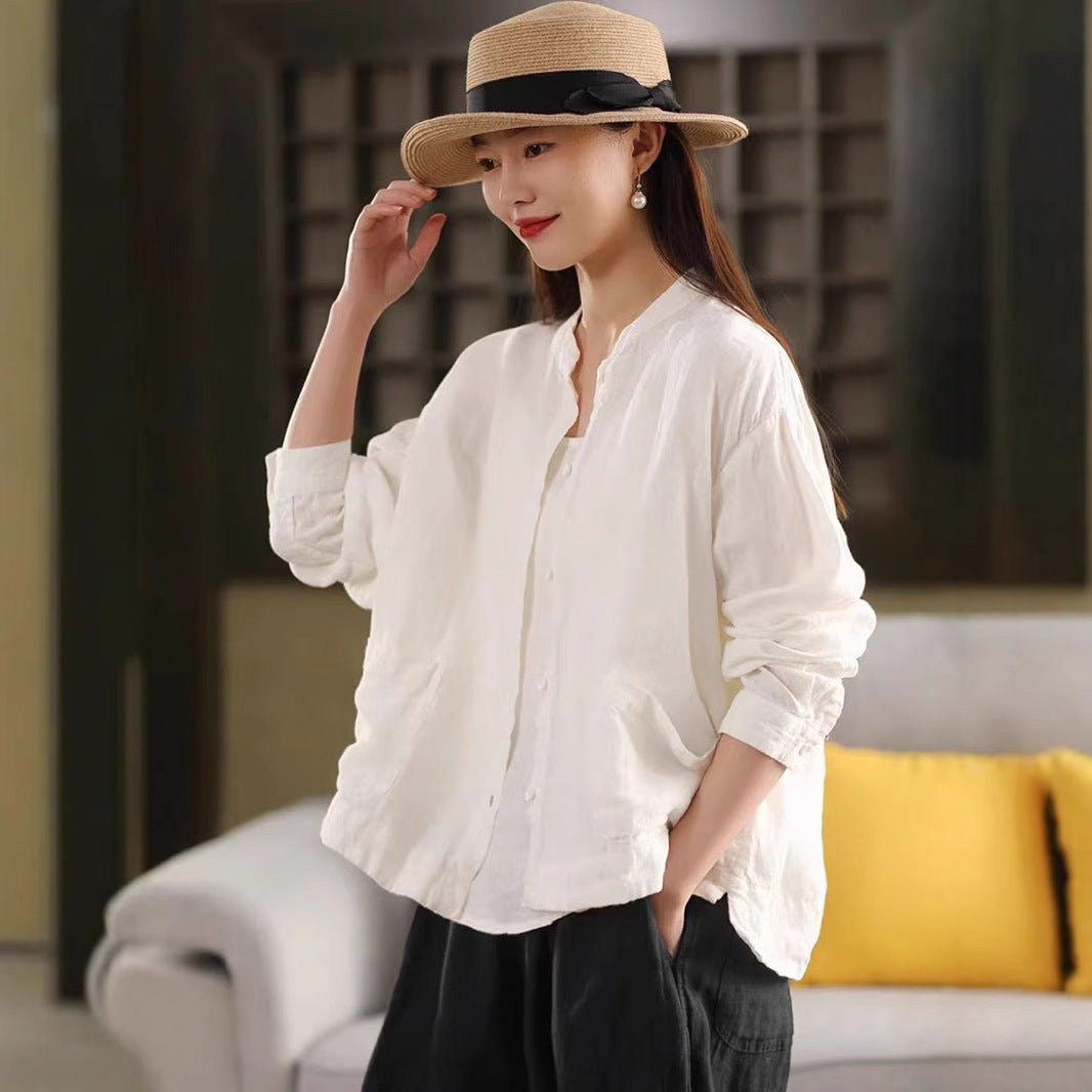 Spring New Color Sand-Washed Linen Shirt Elegant Stand Collar Long Sleeve Blouse Single Breasted Open Cardigan Top