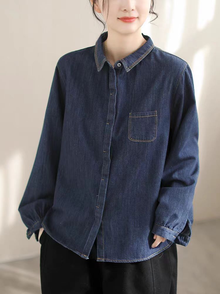 Spring New Denim Shirt Fashion Solid Color Denim Cotton Turn-down Collar High-end Women's Cardigan