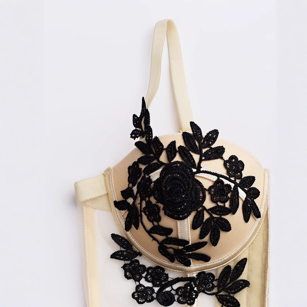 Embroidered Floral Sexy Sheer Mesh Fitted Boned Bustier