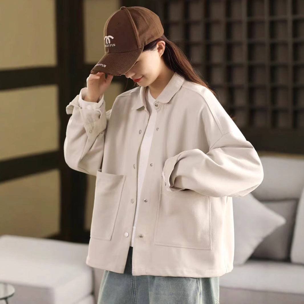 Literary Large Pocket Women's Single Breasted Notched Lapel Long Sleeve Cardigan Casual Outerwear
