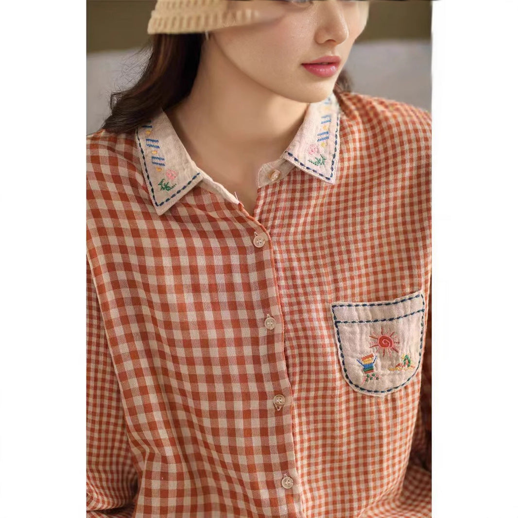 Vintage Cotton Shirt with Embroidery and Double Layer Design, Literary Plaid Striped Long Sleeve Top