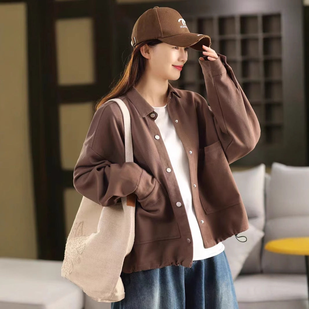 Literary Large Pocket Women's Single Breasted Notched Lapel Long Sleeve Cardigan Casual Outerwear