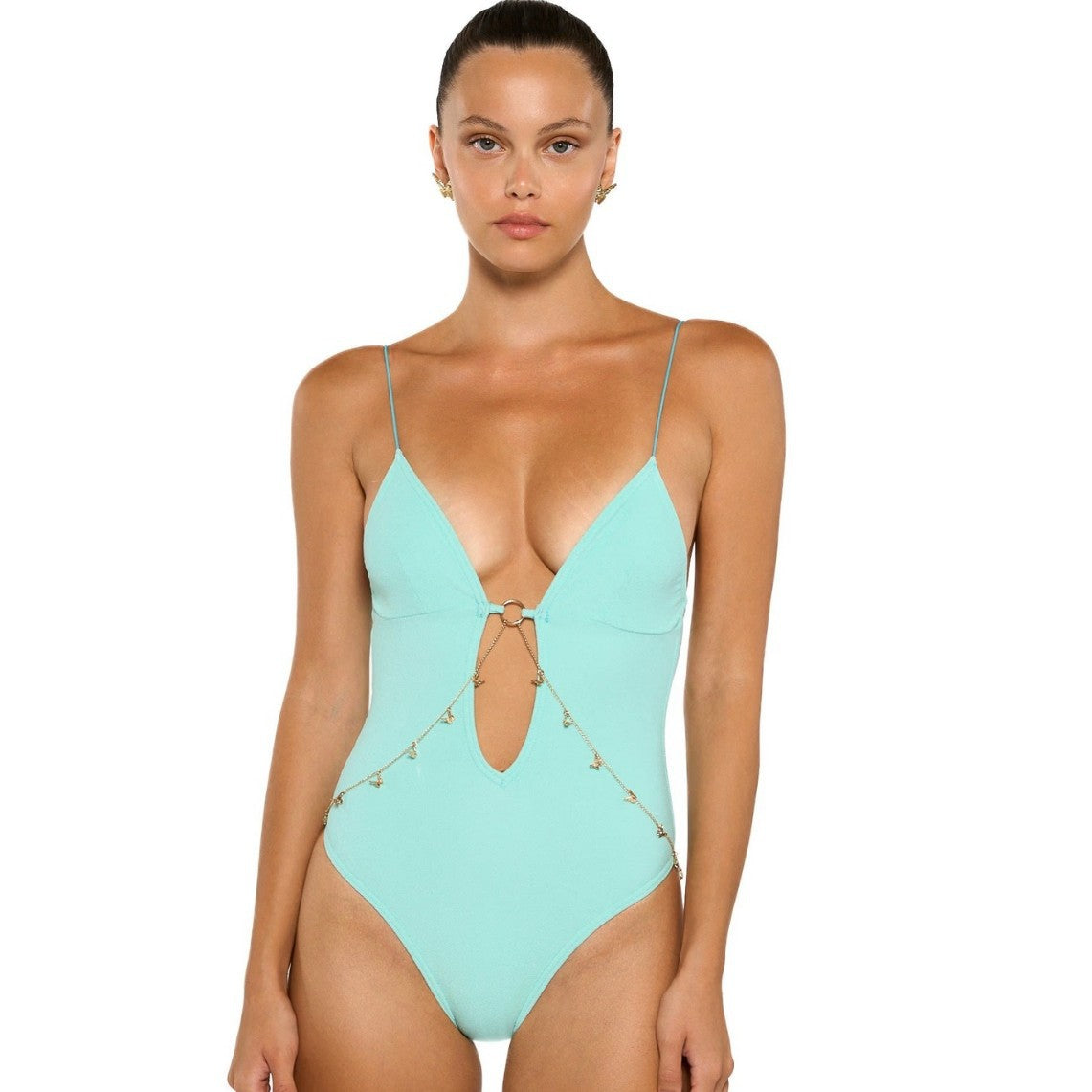 European and American Style Solid Color Nylon One-Piece Swimsuit Women's Butterfly Chain Tight High Elasticity Strap Swimsuit