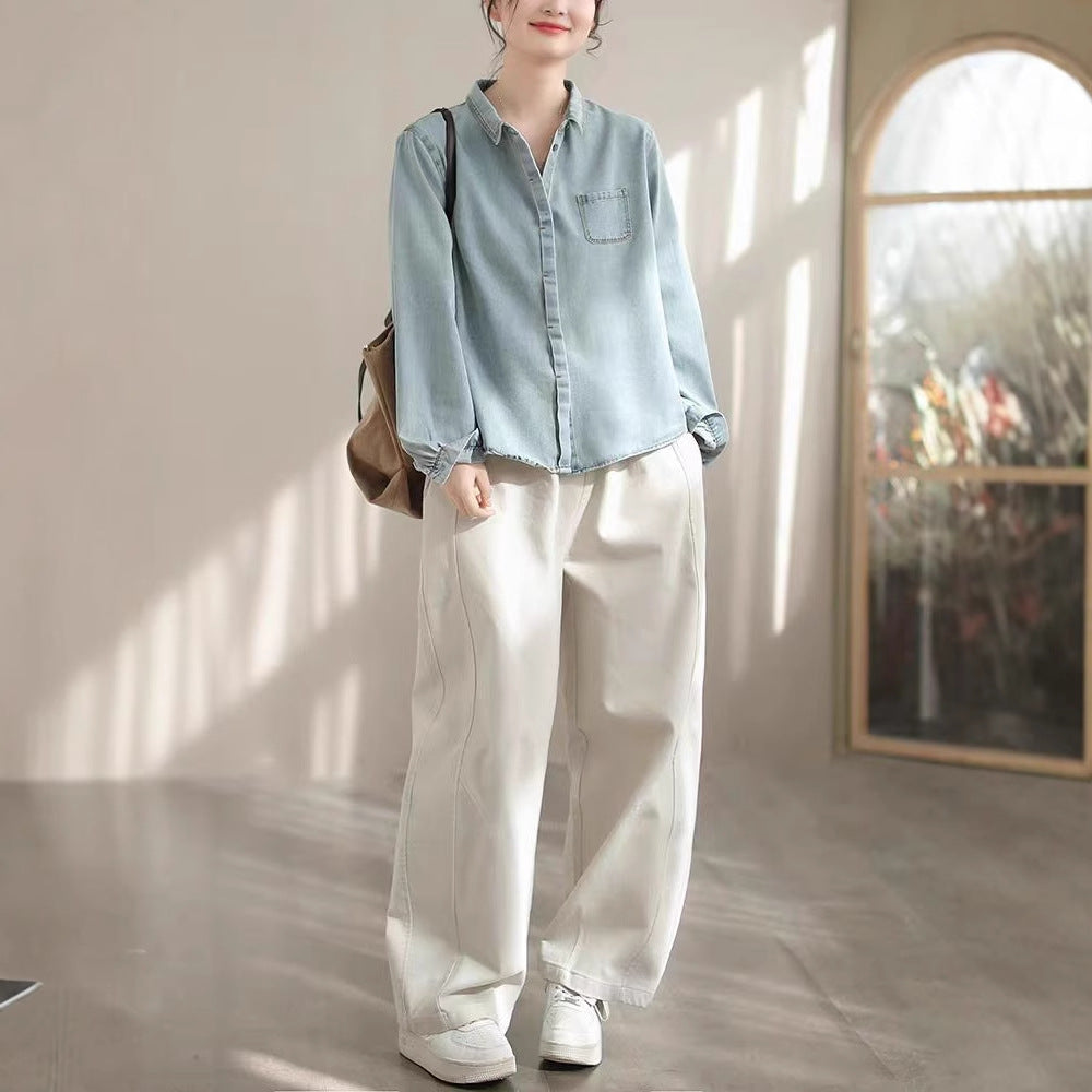 Spring New Denim Shirt Fashion Solid Color Denim Cotton Turn-down Collar High-end Women's Cardigan