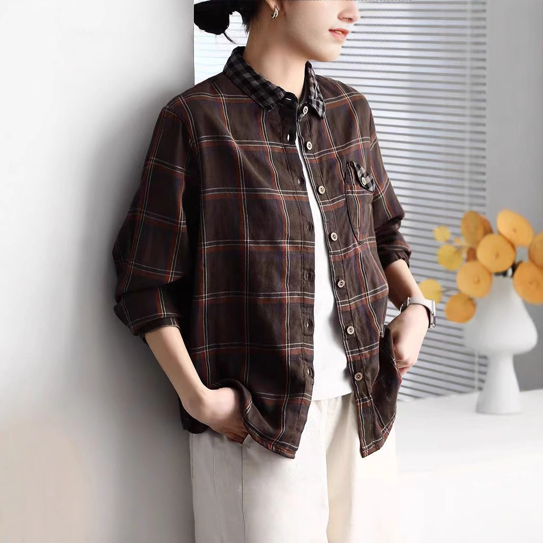 Spring New Cotton Plaid Shirt Women's Casual Versatile Loose Slim Korean Version Long Sleeve Blouse