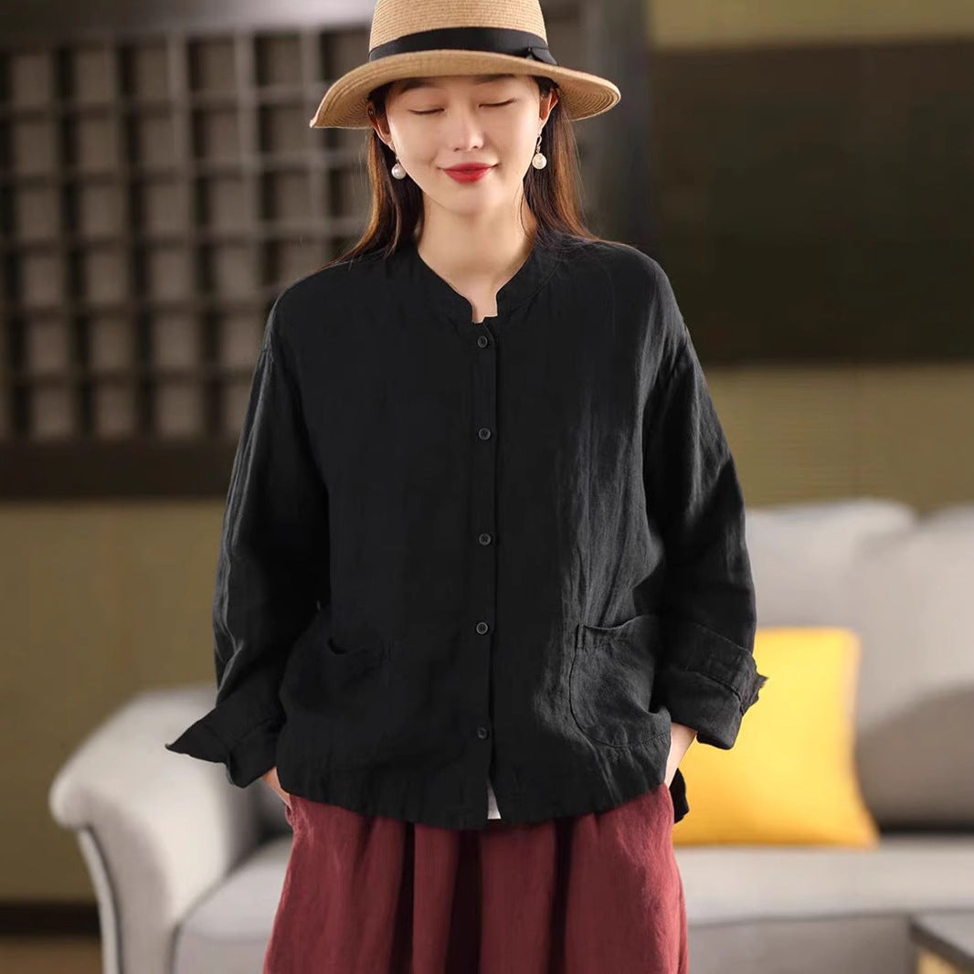 Spring New Color Sand-Washed Linen Shirt Elegant Stand Collar Long Sleeve Blouse Single Breasted Open Cardigan Top