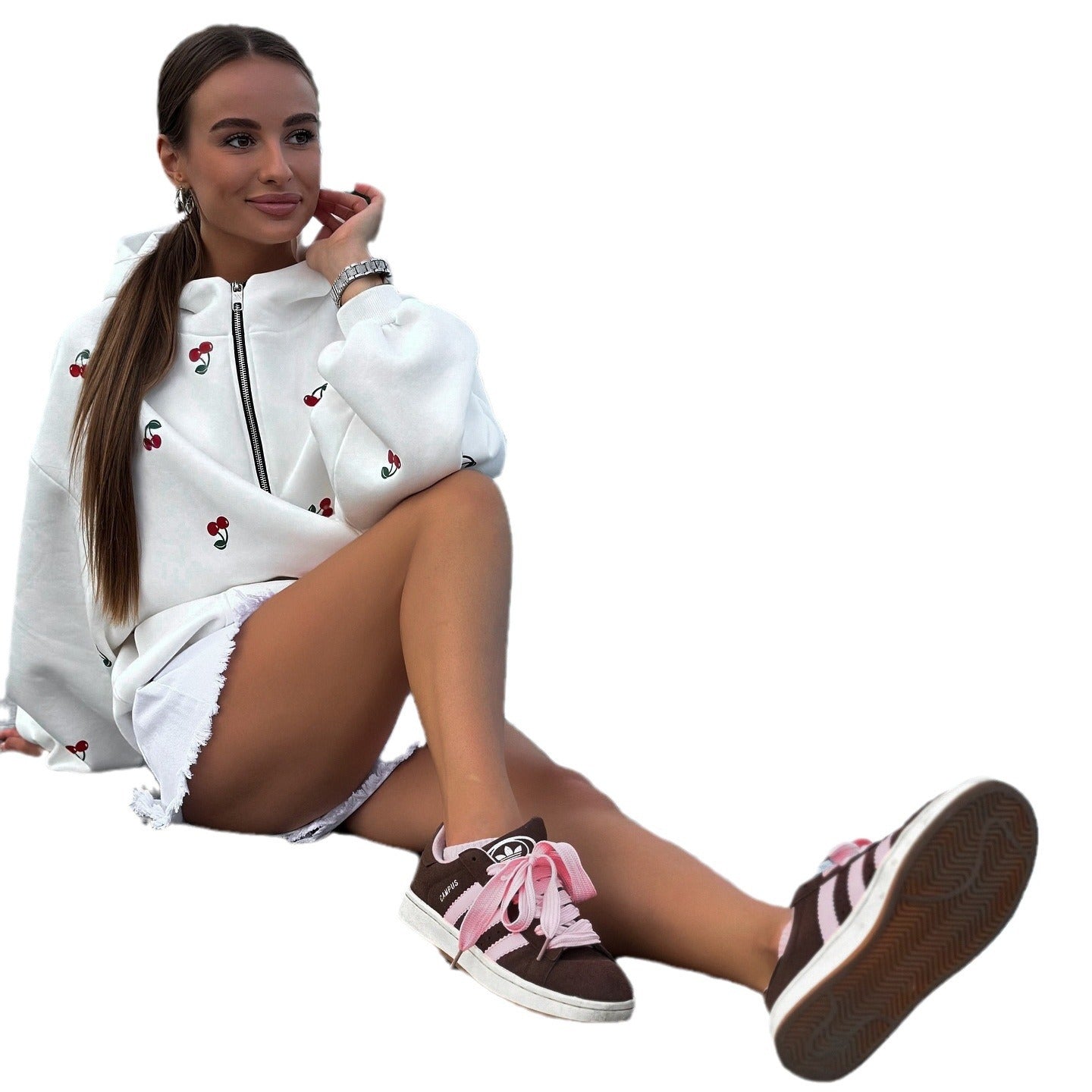 Cherry Print Hooded Zip-Up Sweatshirt Jacket Street Style Fashion Casual Women's Hoodie