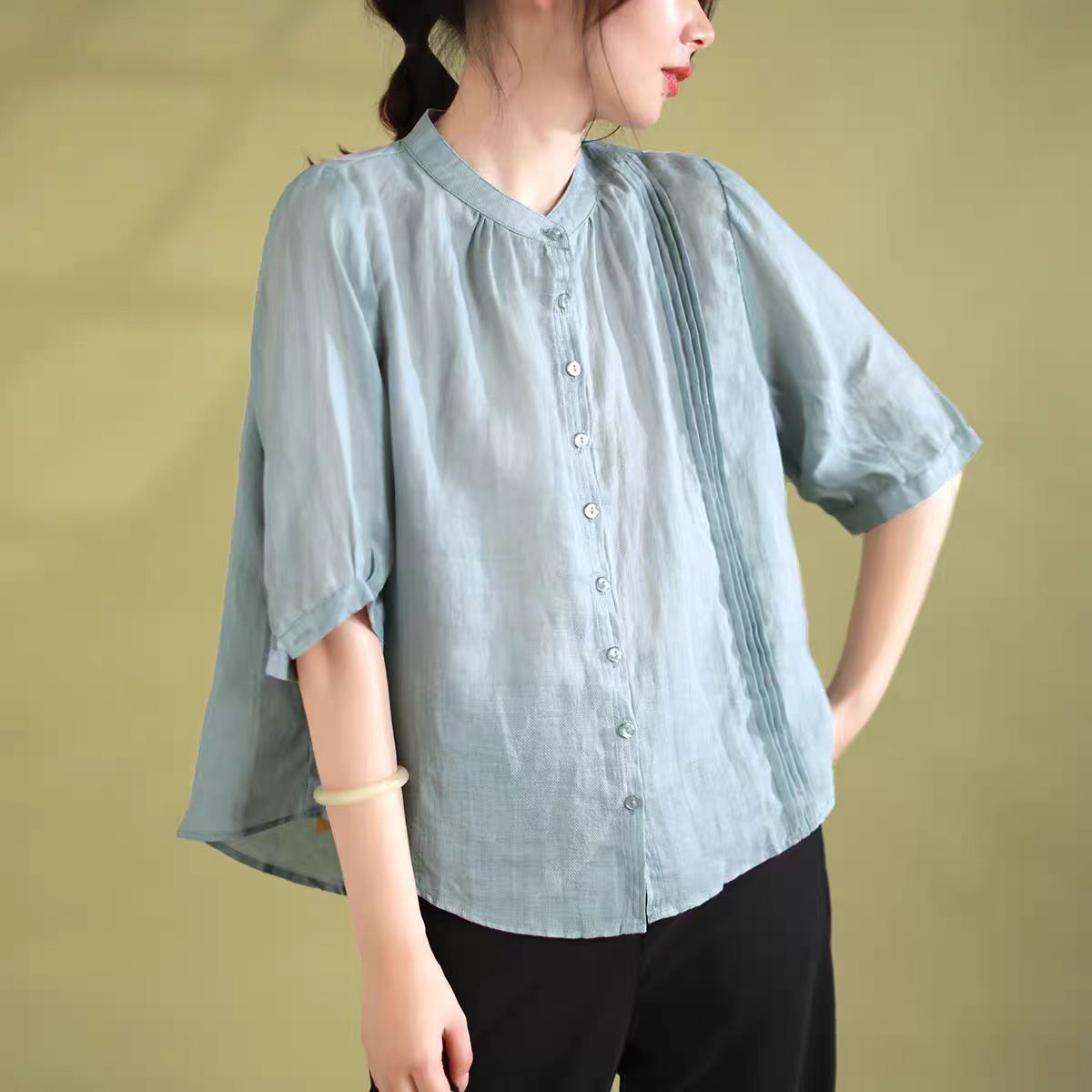 Spring New Literary Retro Five-Quarter Sleeve Hemp Shirt Women Loose Slim Fit Solid Color Top