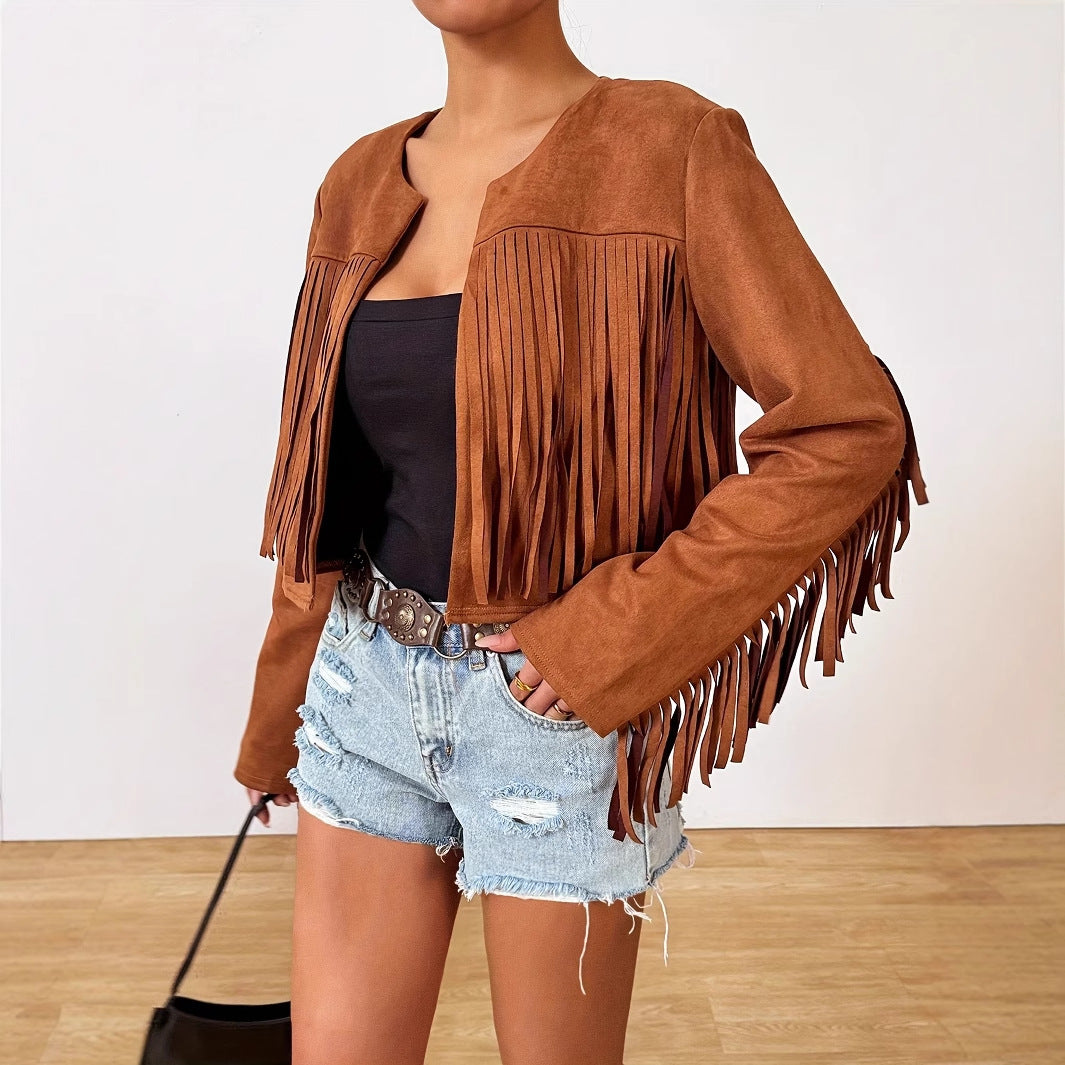 Women's Short Solid Color Loose Retro Street Tassel Jacket