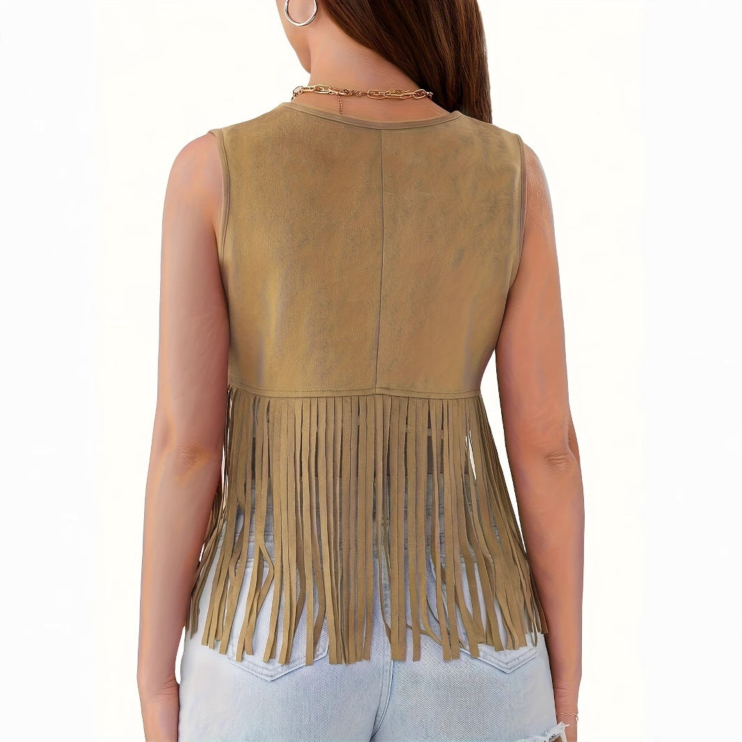 Women's Solid Color Sleeveless Faux Suede Fringe Jacket Cardigan