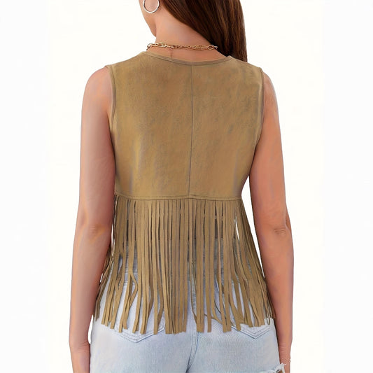 Women's Solid Color Sleeveless Faux Suede Fringe Jacket Cardigan