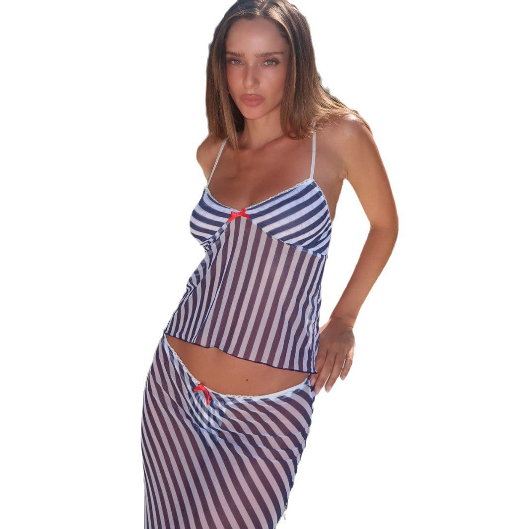 European and American Style Floral Mesh Strapless Beach Dress Cross-border Separated Sexy Bow Lace Hem Dress Set