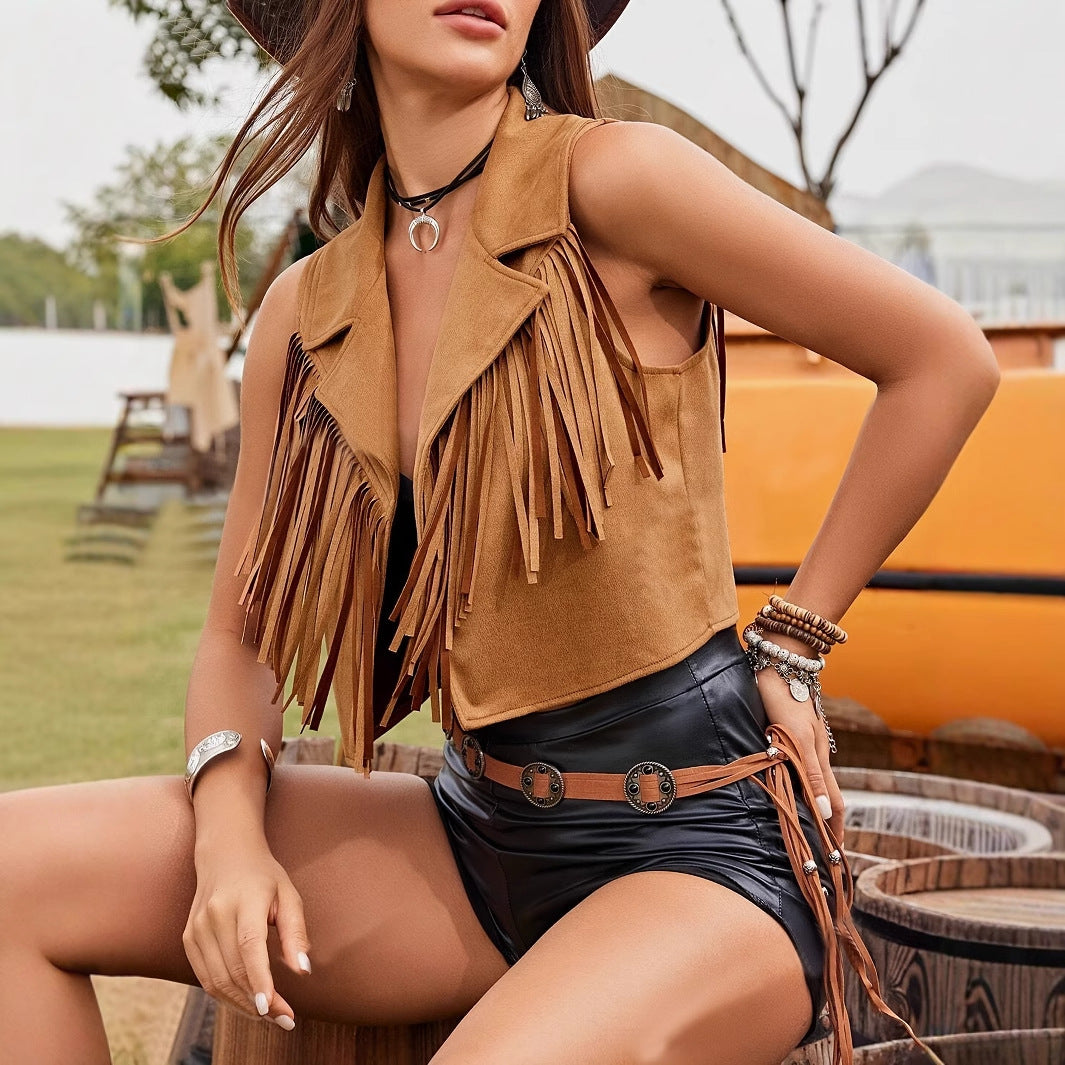 Women's Sleeveless Tassel Vintage Casual Short Jacket