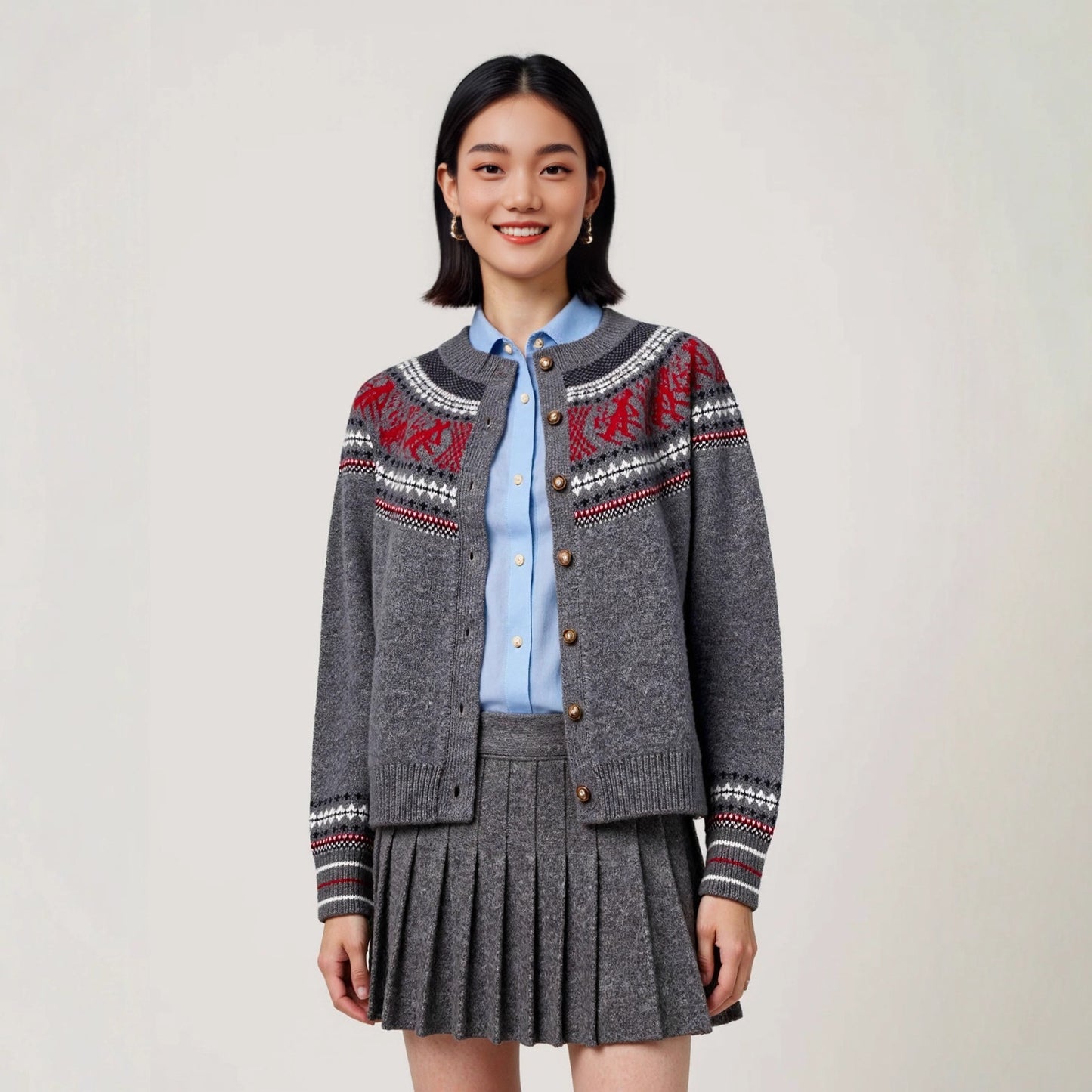 Fair Isle Jacquard Knit Women's Autumn Winter Round Neck Loose Lazy Style Cardigan Jacket