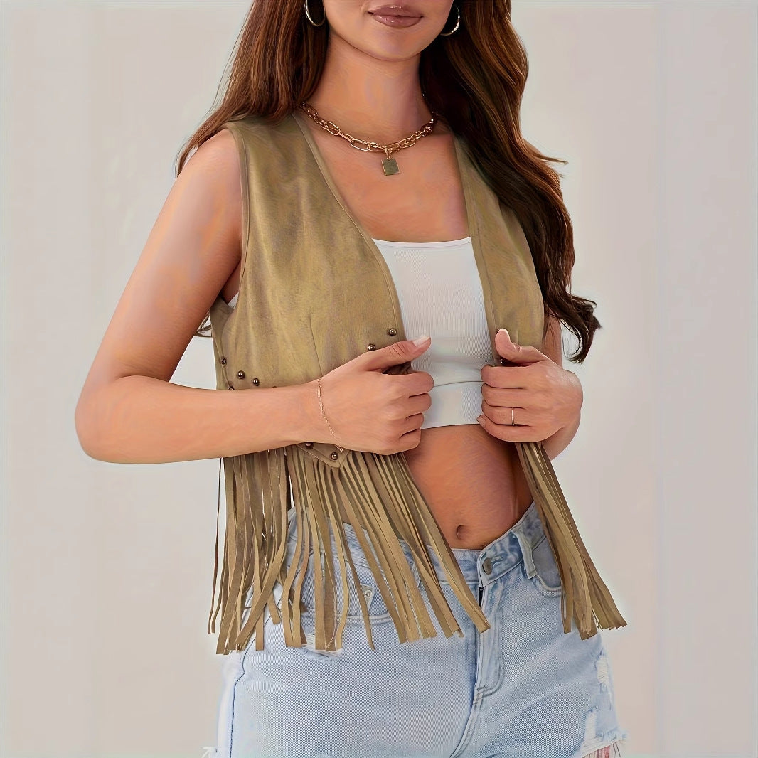 Women's Solid Color Sleeveless Faux Suede Fringe Jacket Cardigan