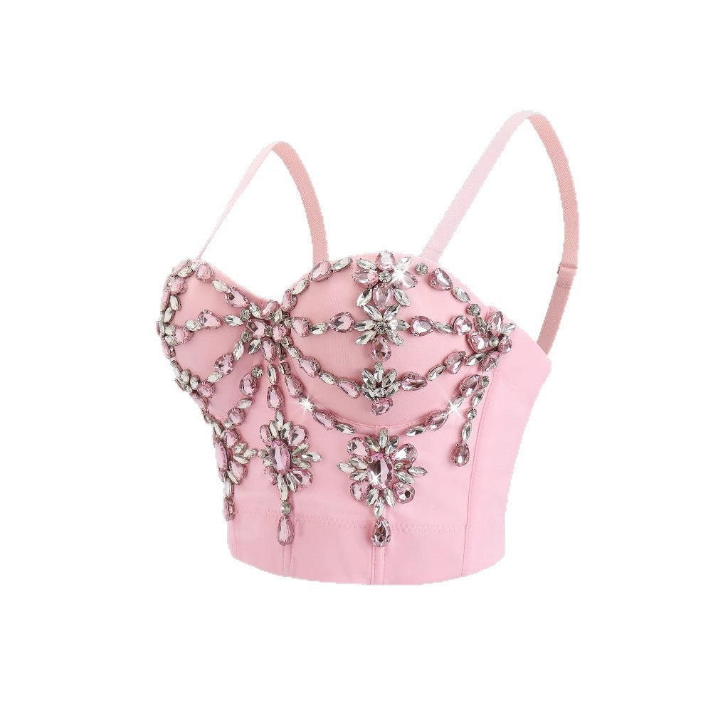 Worn Outside Pink Rhinestone Embroidery Heavy Work Bustier Sexy Fitted Strapless