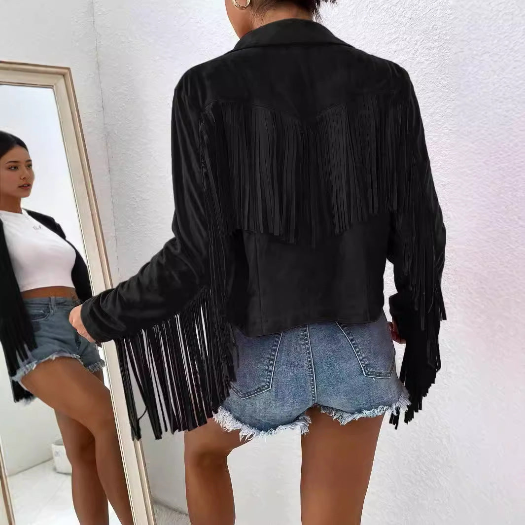 Women's Autumn and Winter New Slim Printed Tassel Long Sleeve Jacket Warm