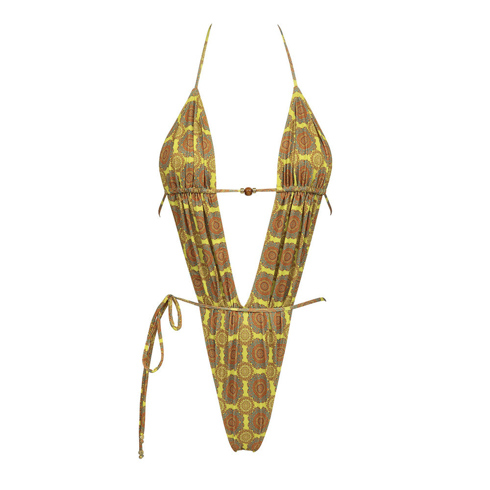 Sexy Deep V One-Piece Swimsuit with Cross-Back and Printed Straps for Women