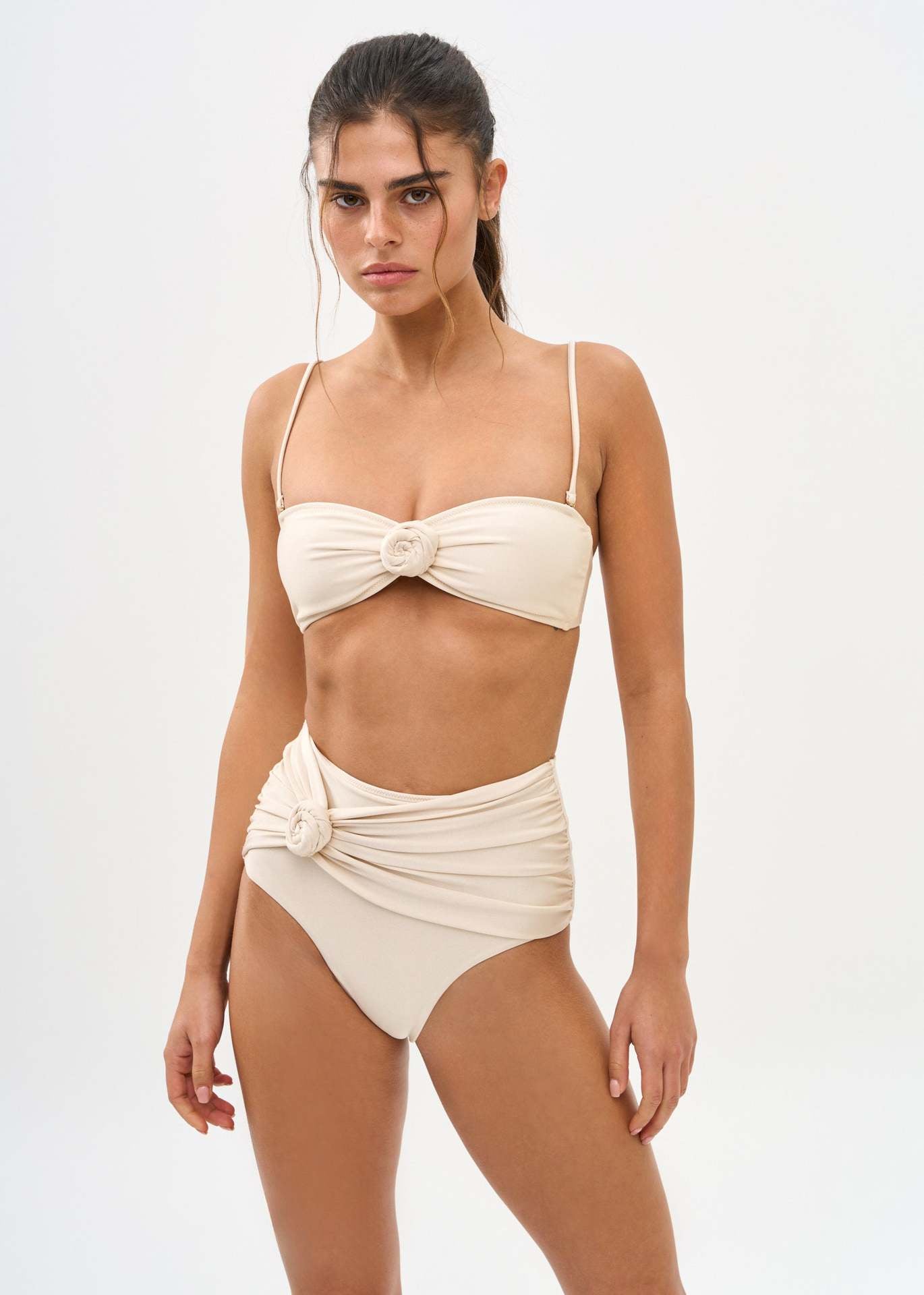 European and American New Pure Color Shiny Nylon Three-Dimensional Flower Separated Swimsuit Women's Sexy High-Waist Bikini