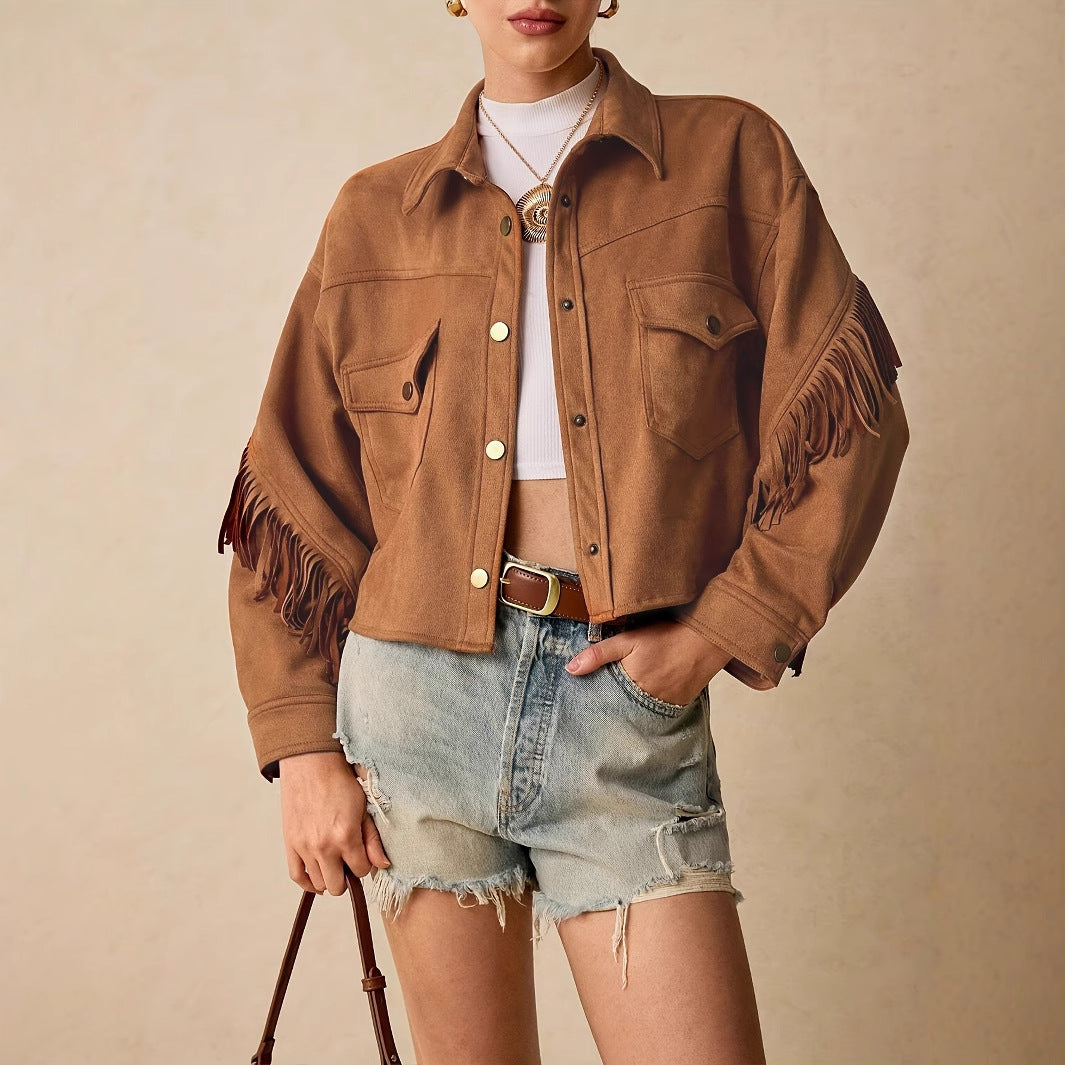 Women's Solid Color Drop Shoulder Long Sleeve Fringe Trim Casual Jacket