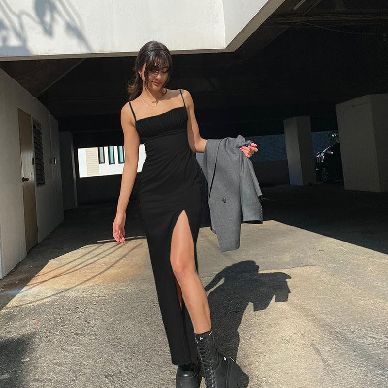 Women's Pleated Suspender Solid Color Dress
