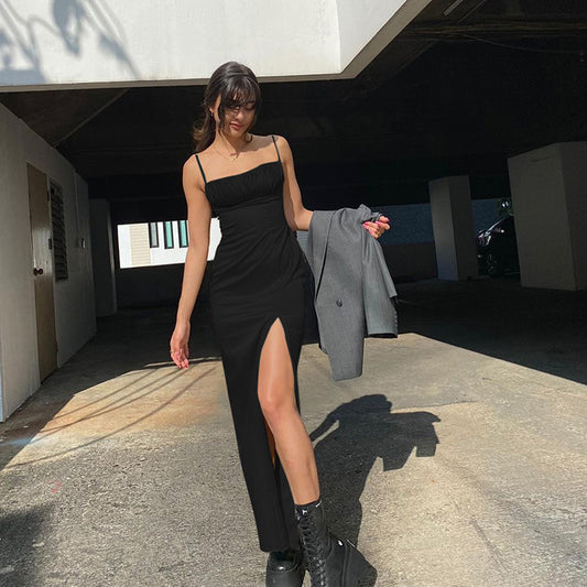 Women's Pleated Suspender Solid Color Dress