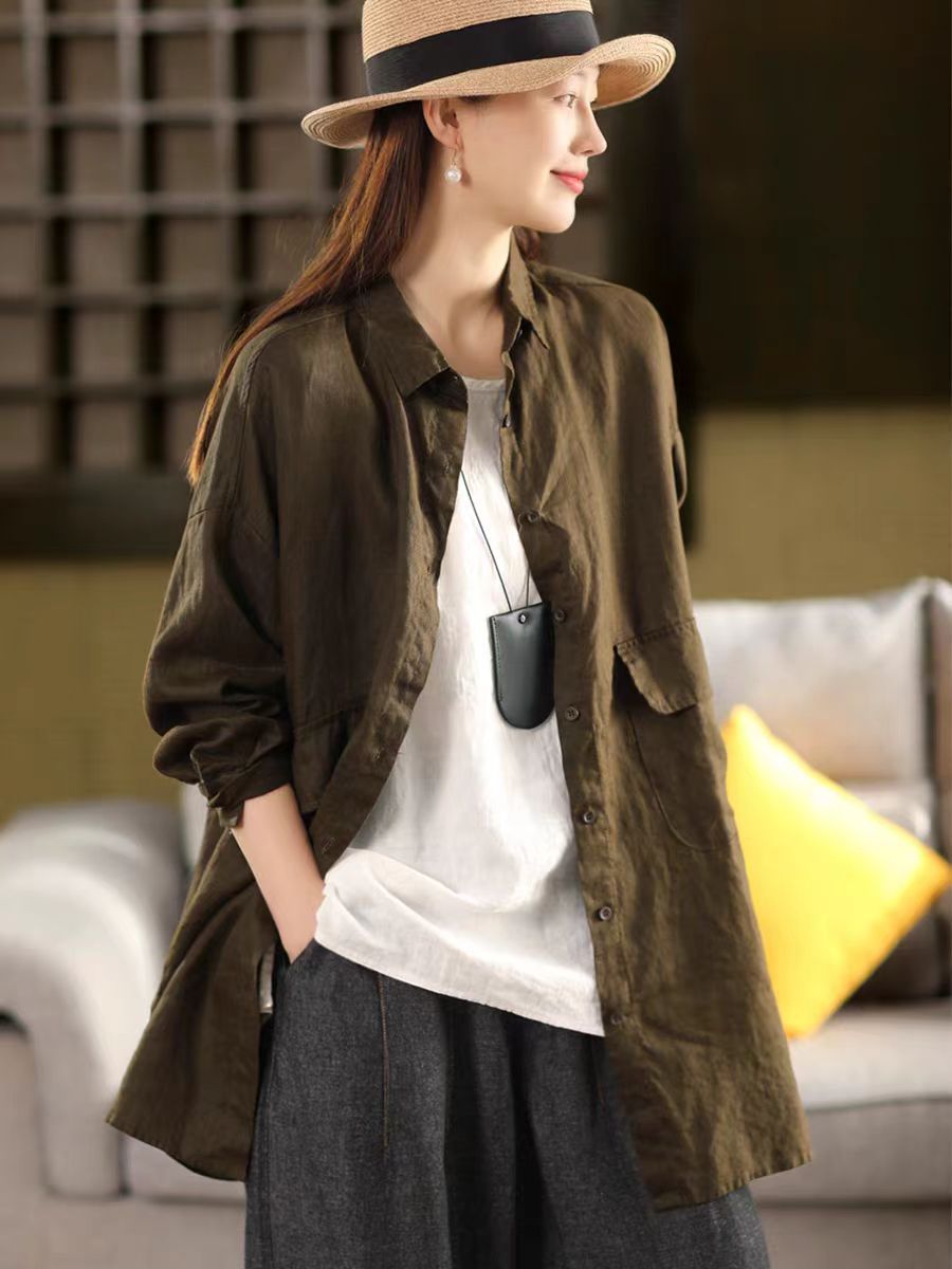 Linen Shirt Women Vintage Sand-Washed Mid-Length Large Pocket Loose Cardigan Outerwear Top